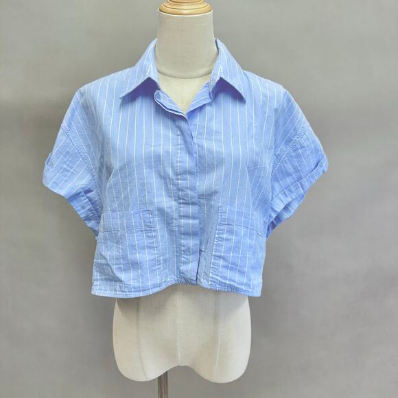 Zara crop poplin button up shirt blue pinstripes size Large - Picture 1 of 10